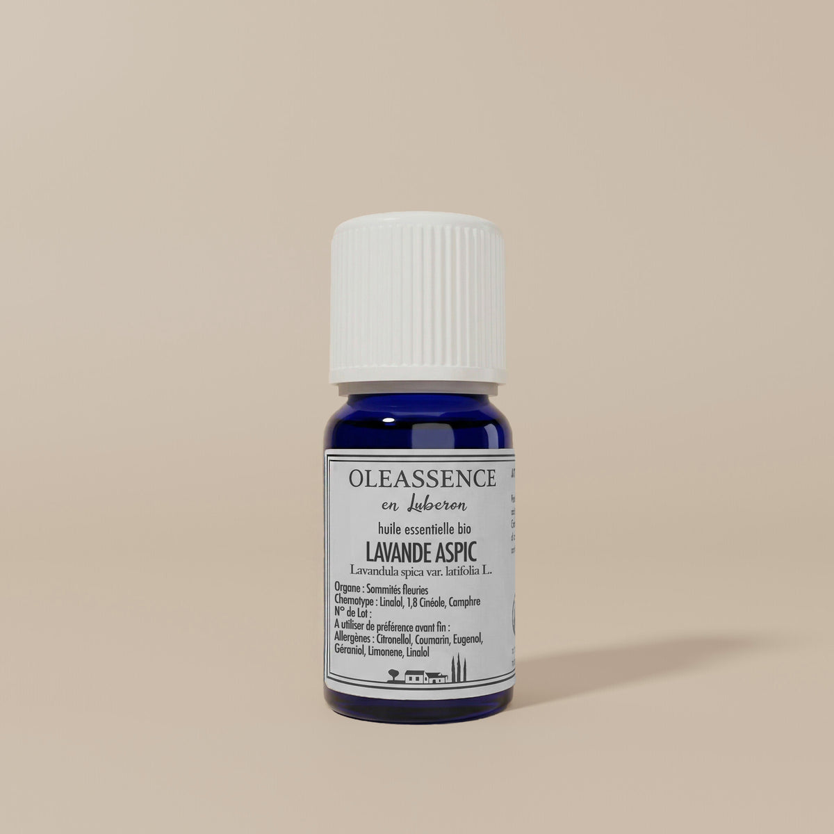 Huile essentielle de lavande aspic bio Oleassence en Luberon, bouteille avec liquide clair, aromatique et naturelle.