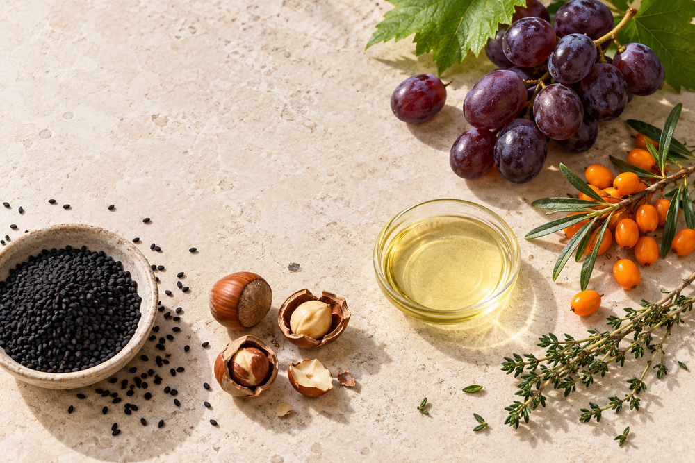 Nigelle, raisin, noisette, argousier et thym