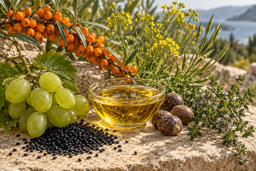 Nigelle, raisin, argousier, cameline, chaulmoogra et thym