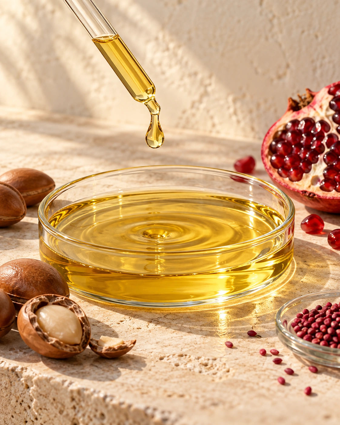 Huile végétale dorée et pipette, entourées de fruits et de graines