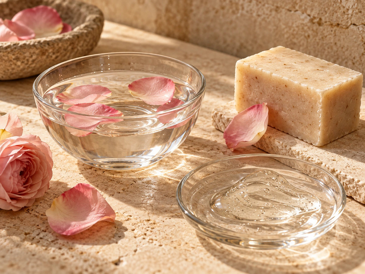 Eau florale, savon et texture de gel pour les gestes complémentaires de la routine
